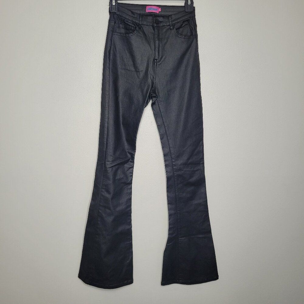 Edikted Black Faux Leather Coated Flare Bell Bottom Grunge Jeans Pants Small